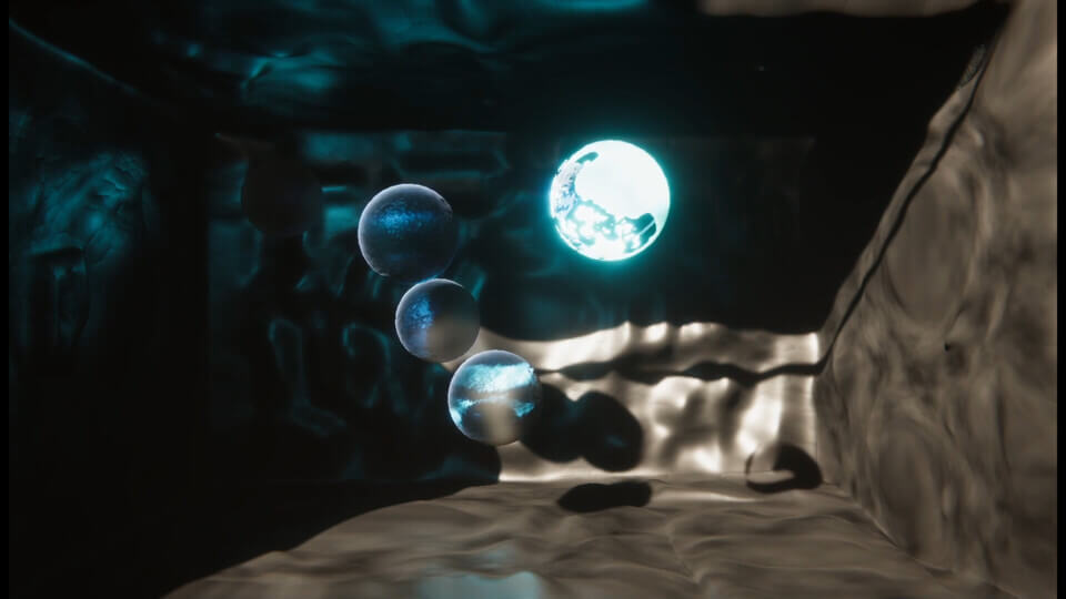 cg image of Eurydice's well, a rectangular well with irregular, earthen walls, partly in shadow, partly lit. Four transparent, bluish ice-like spheres float within it, one of them glowing brightly.