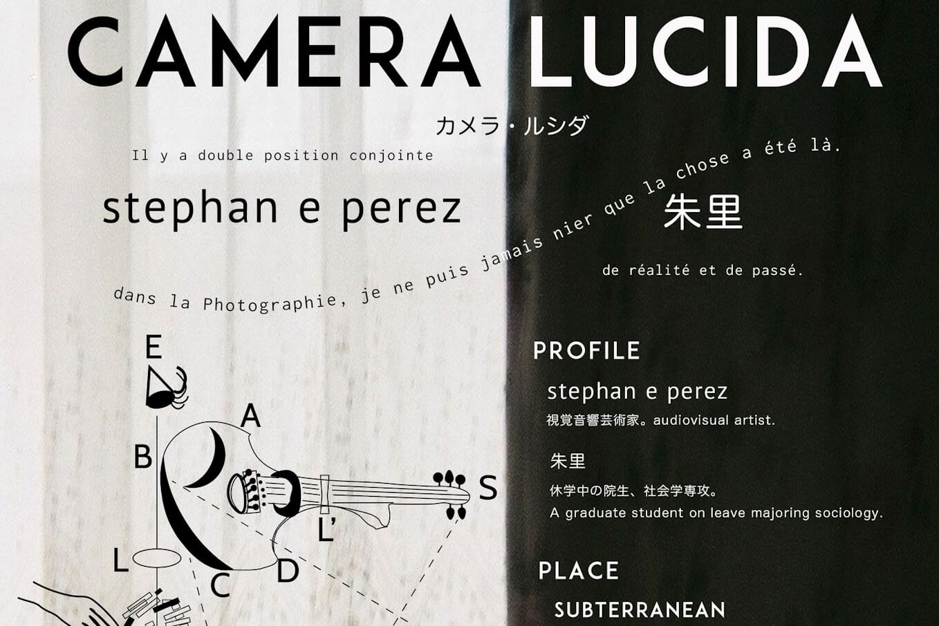 event flyer for 'camera lucida'. Has the subtitle 'Marginal Man 11'. Graphical elements showing a midi violin, jenga blocks, an eye, a hand, and various letters and dotted lines.